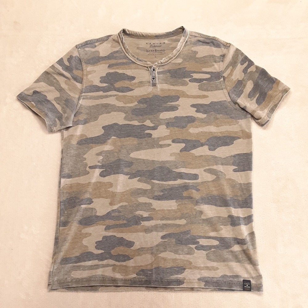 Lucky Brand Mens Venice Burnout Henley T-Shirt Large Green Tan Camo Print SS